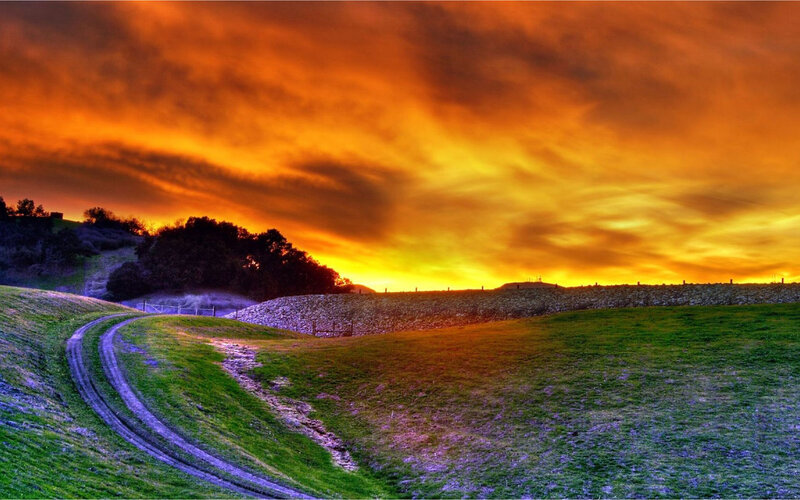 Dirt Road in Field — Orange, Dramatic, Sunset, Photograph, Sky