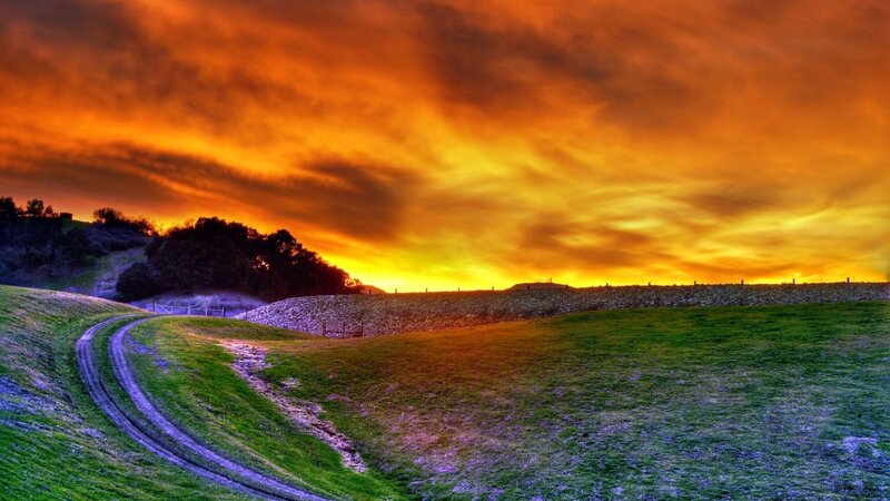 Dirt Road in Field — Orange, Dramatic, Sunset, Photograph, Sky, Trees, Fence