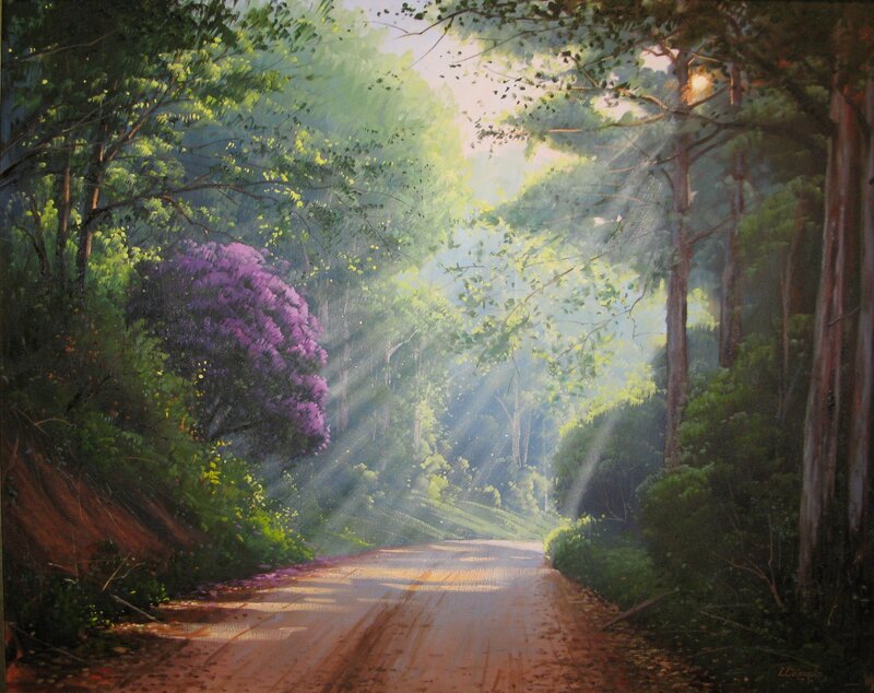 Dirt Road in Forest — Green, Serene, Morning, Painting