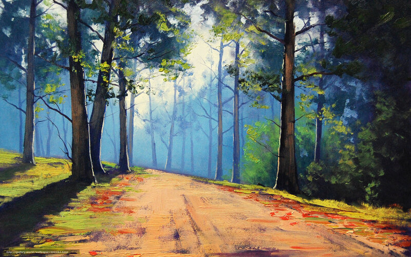 Dirt Road in Forest — Green, Serene, Morning, Painting, Trees
