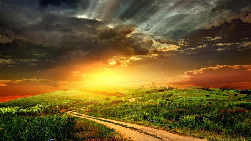 Dirt Road in Green Field — Dramatic, Sunset