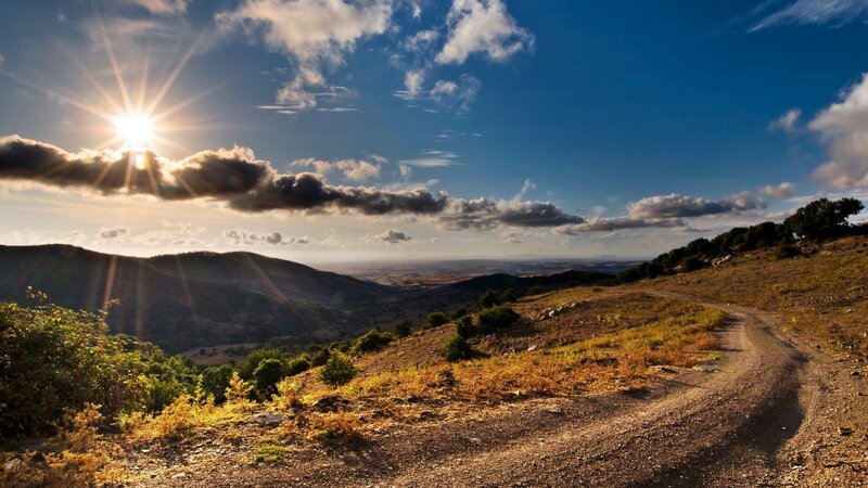 Dirt Road in Mountain Valley — Blue, Serene, Sunset, Photograph
