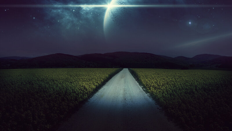 Dirt Road Through Fields — Green, Serene, Night