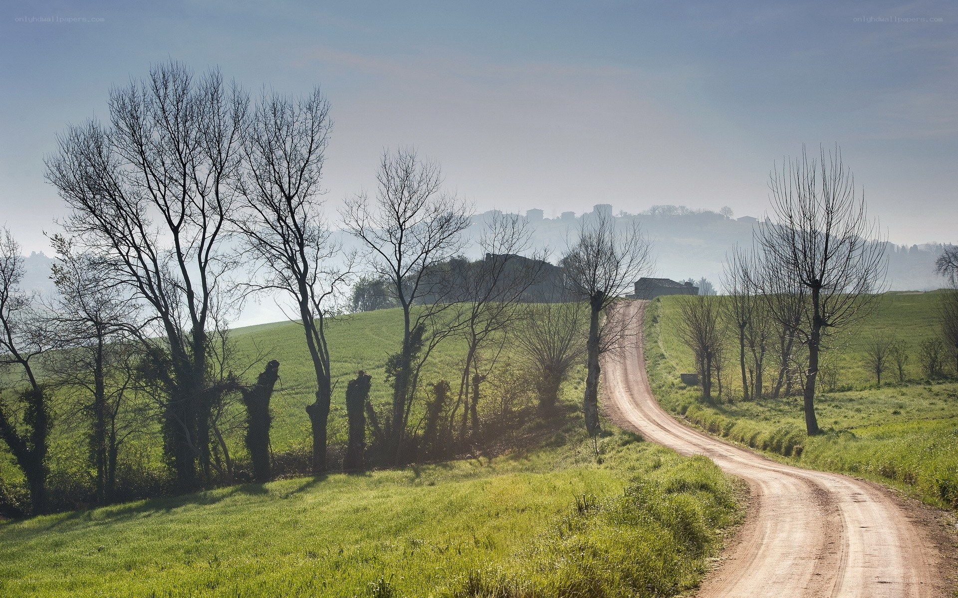 Dirt road through green hills