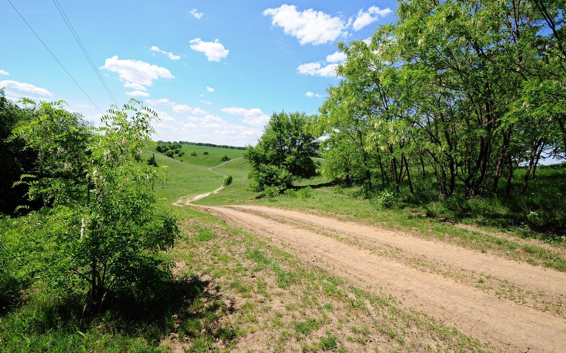 Dirt road through green hills