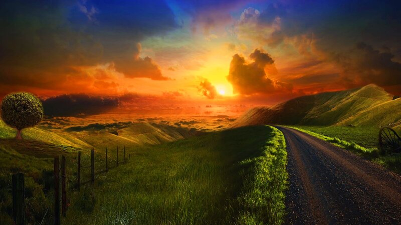 Dirt Road Through Hills — Green, Dramatic, Sunset, Digital Art