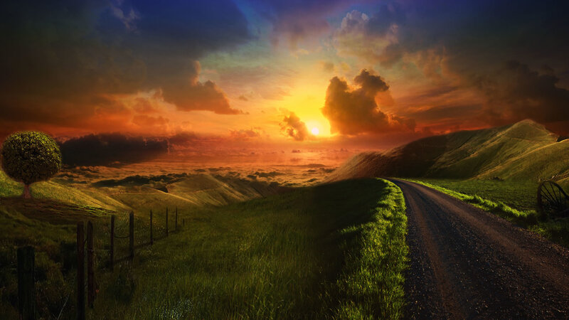 Dirt Road Through Hills — Green, Dramatic, Sunset, Digital Art, Tree, Fence