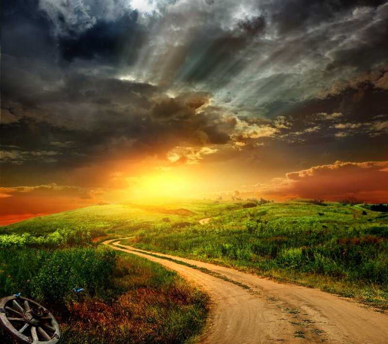 Dirt Road Through Hills — Green, Dramatic, Sunset, Photograph, Sun