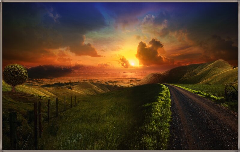 Dirt Road Through Hills — Green, Dramatic, Sunset