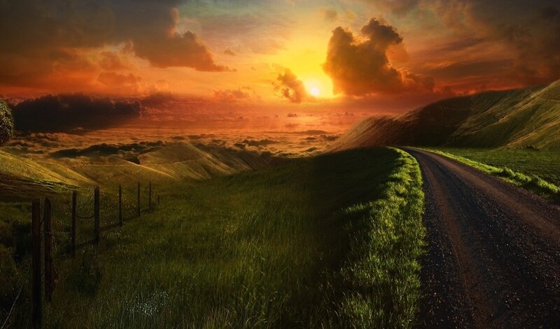 Dirt Road Through Hills — Green, Dramatic
