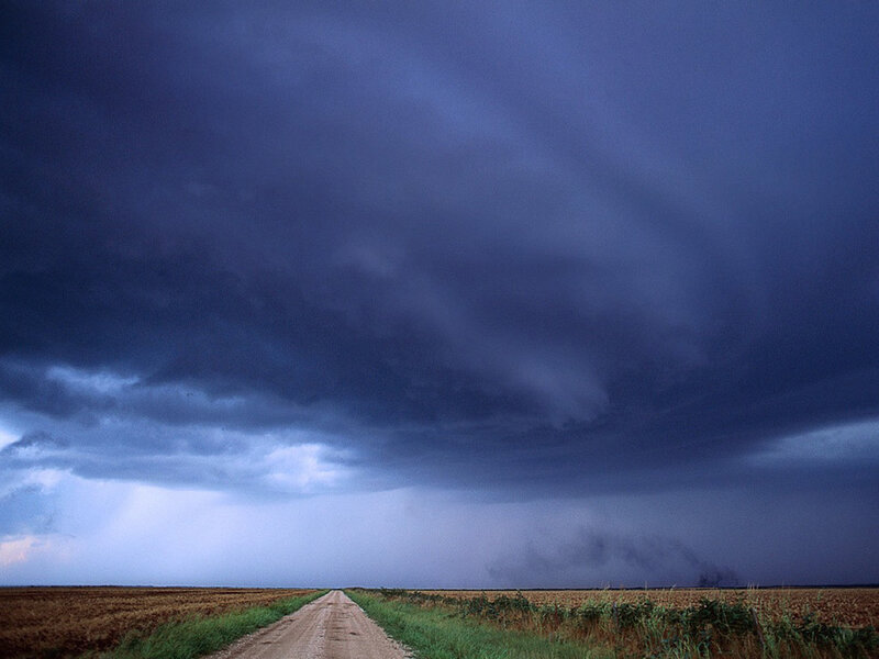 Dirt Road under Storm Clouds — Blue, Dramatic, Afternoon, Photograph