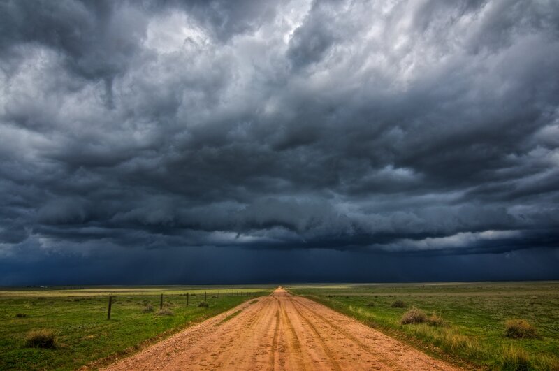 Dirt Road under Storm Clouds — Gray, Dramatic, Afternoon, Photograph