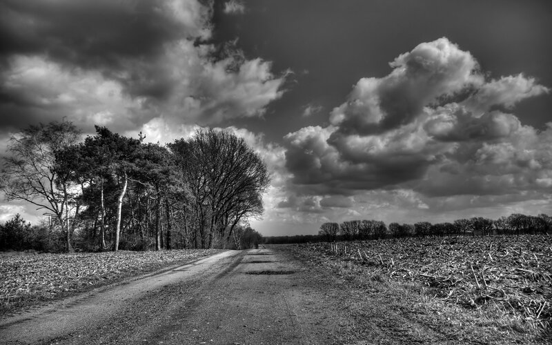 Dirt road under stormy sky