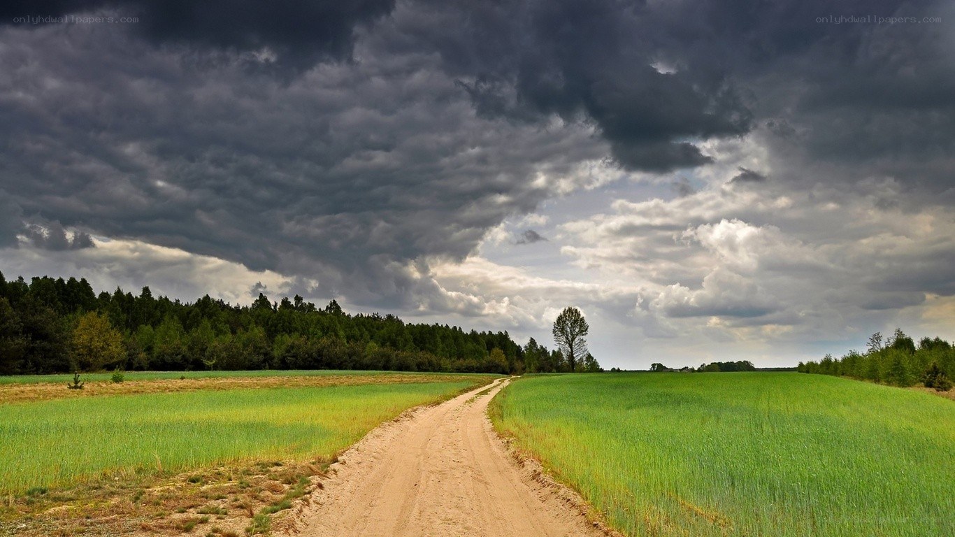 Dirt road under stormy sky