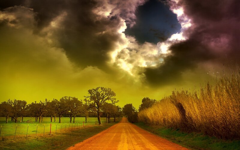 Dirt Road under Stormy Sky — Yellow, Dramatic, Sunset, Photograph