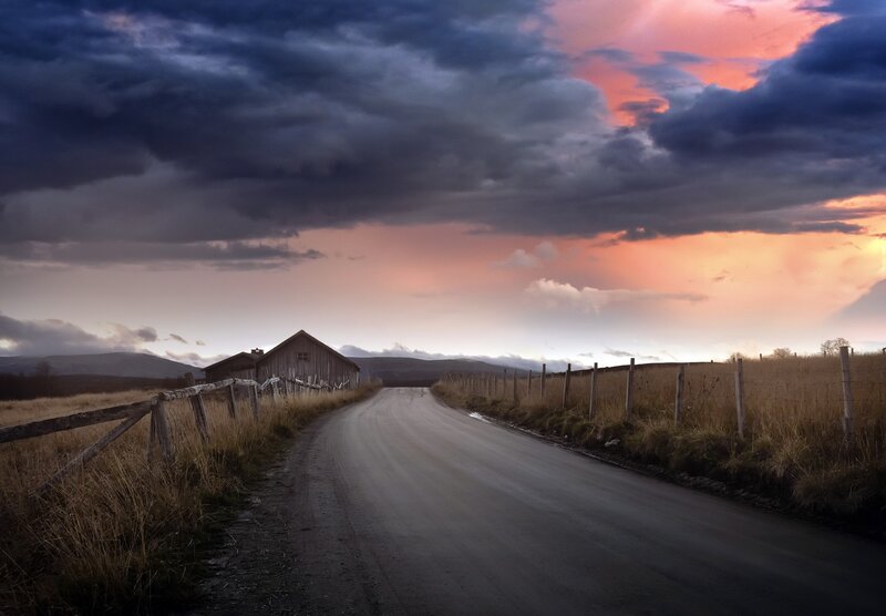 Dirt Road with Barn — Gray