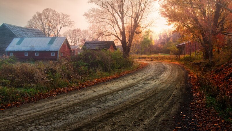 Dirt Road with Barns — Brown