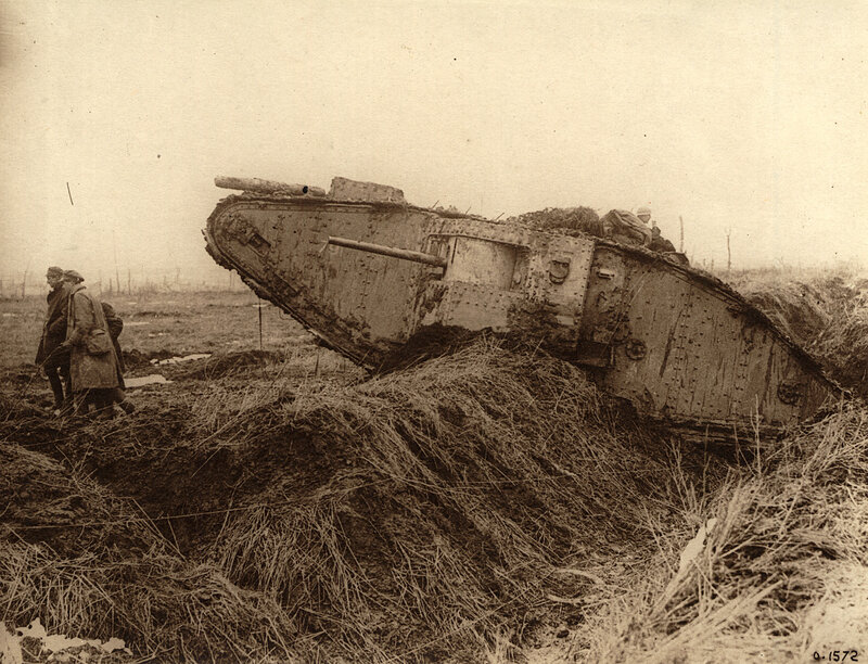 Disabled tank in a battlefield