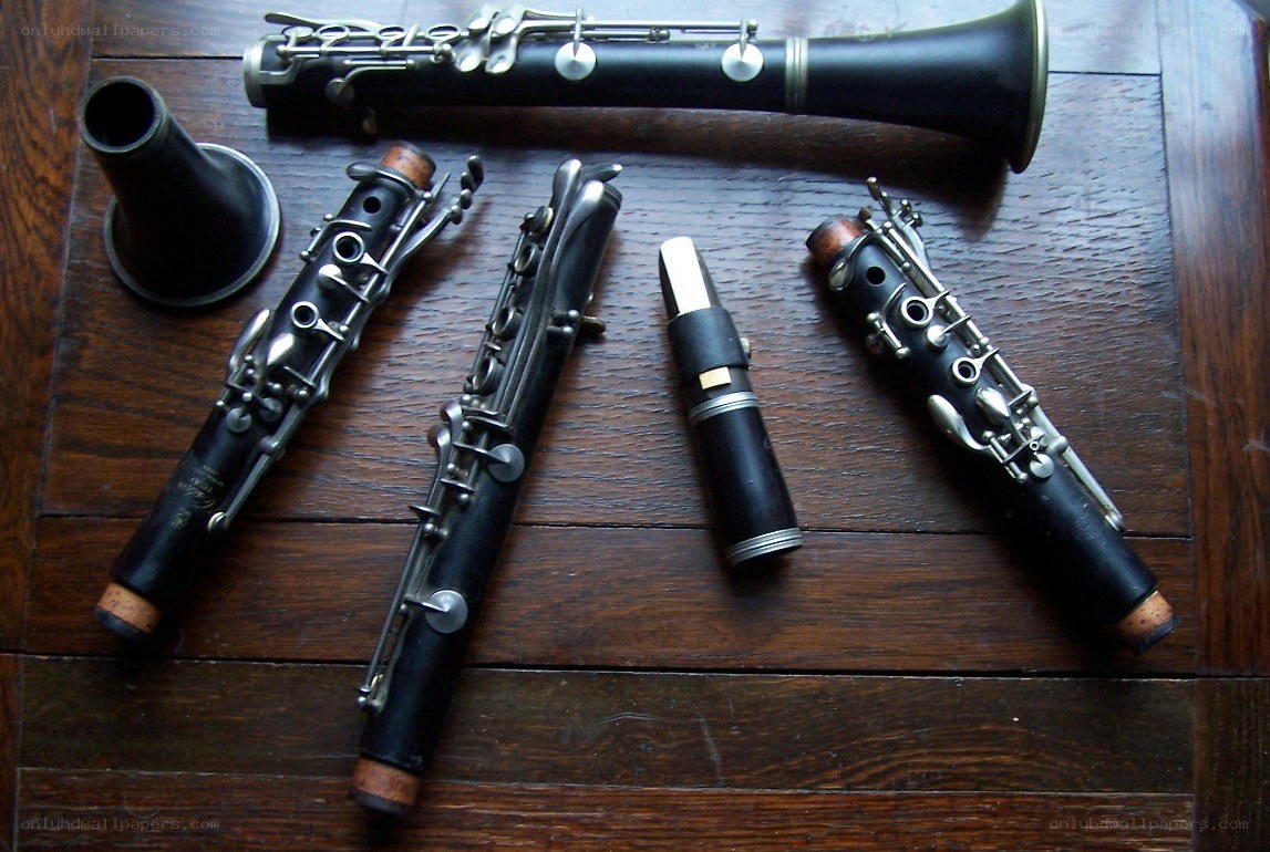 Disassembled clarinet on wood
