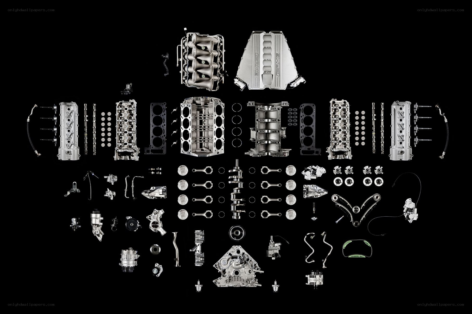 Disassembled engine components