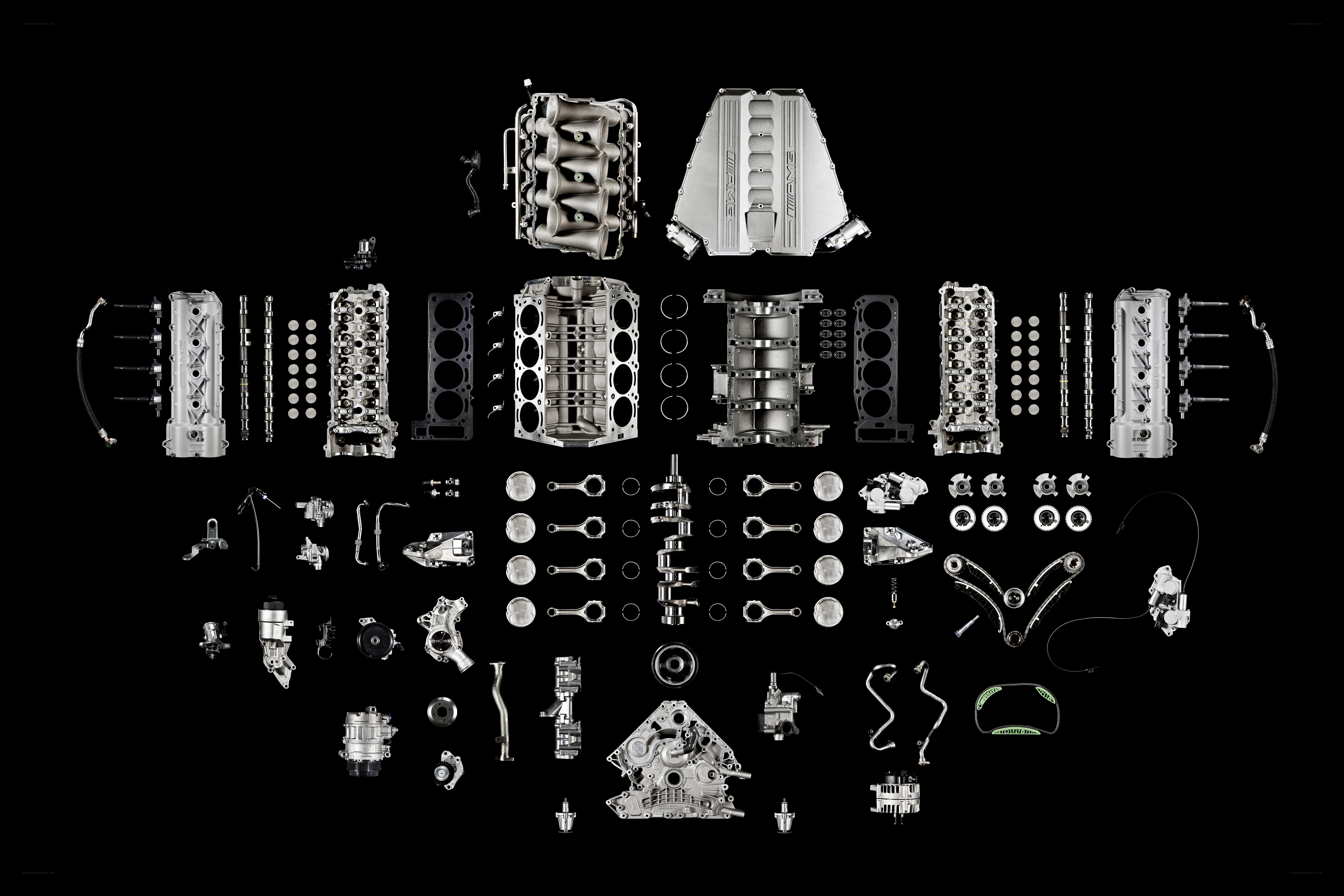 Disassembled engine components