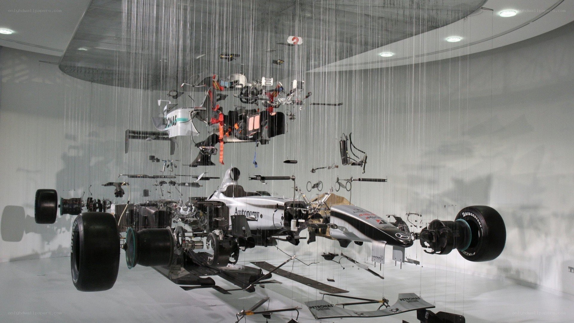 disassembled formula one car