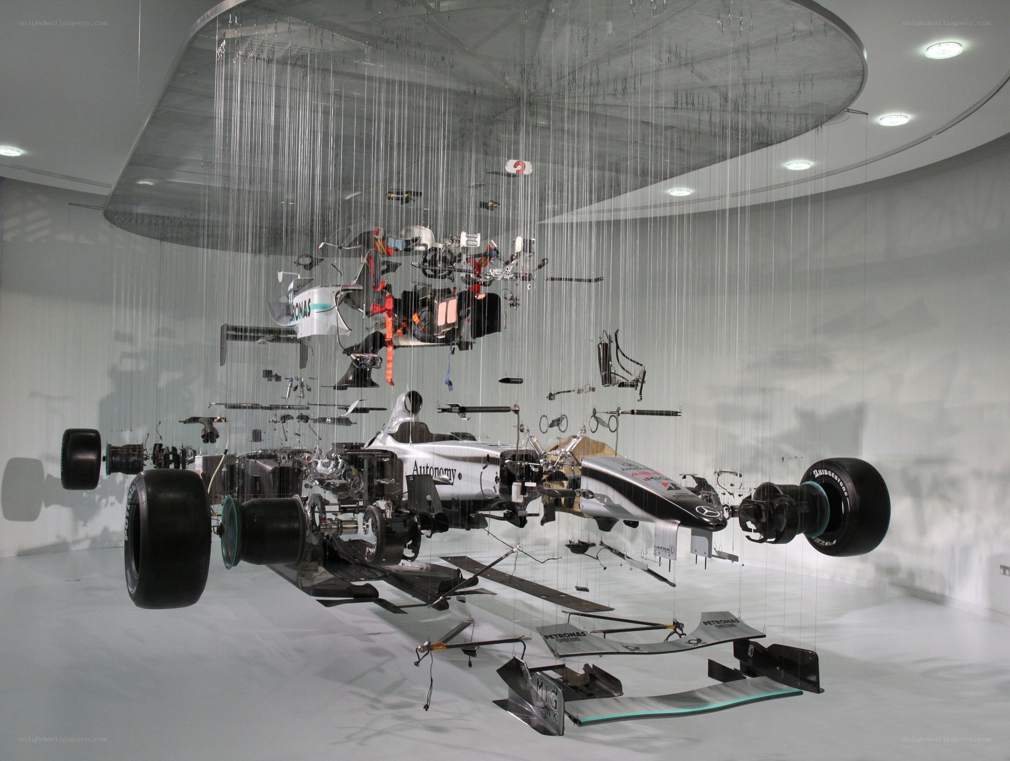disassembled formula one car