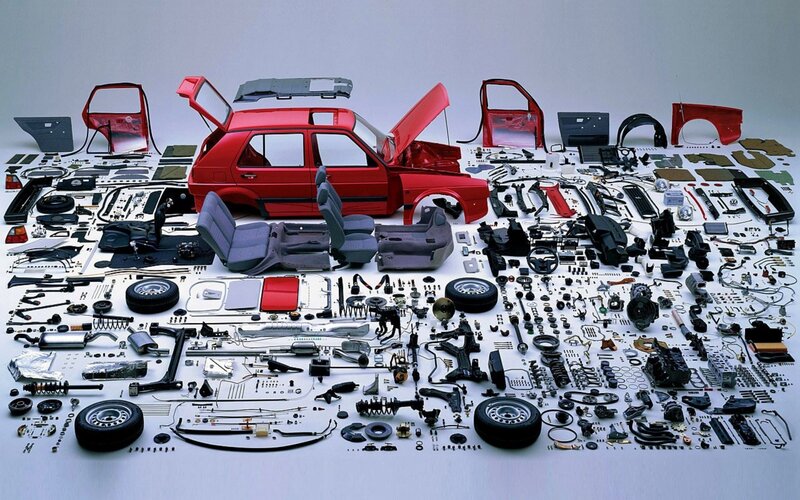 Disassembled Red Car — Neutral, Photograph, Car Seats, Wheels, Engine