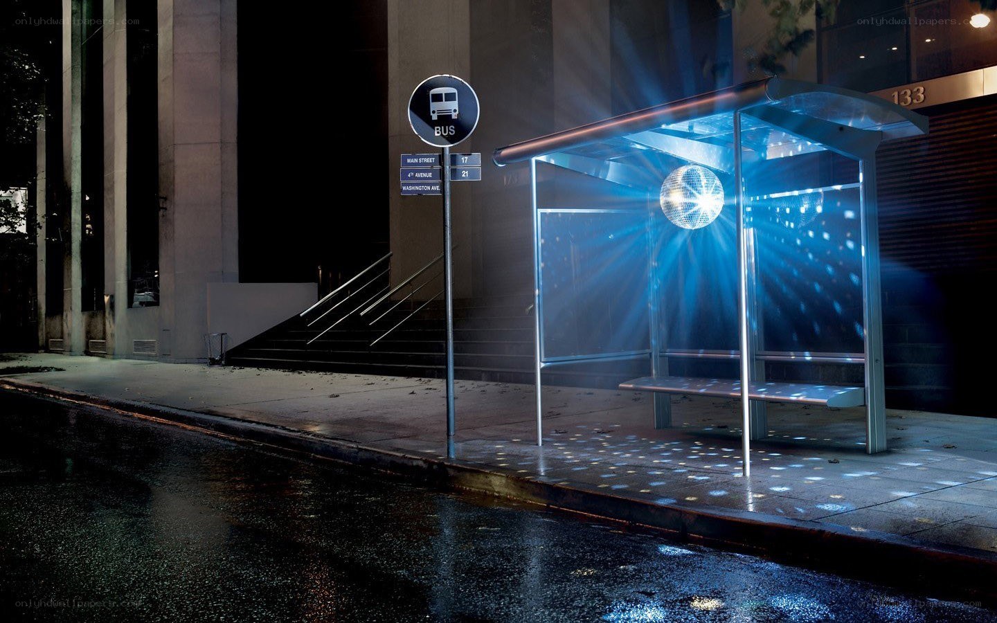 Disco bus stop at night