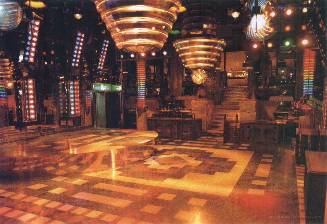 Disco club interior with chandeliers