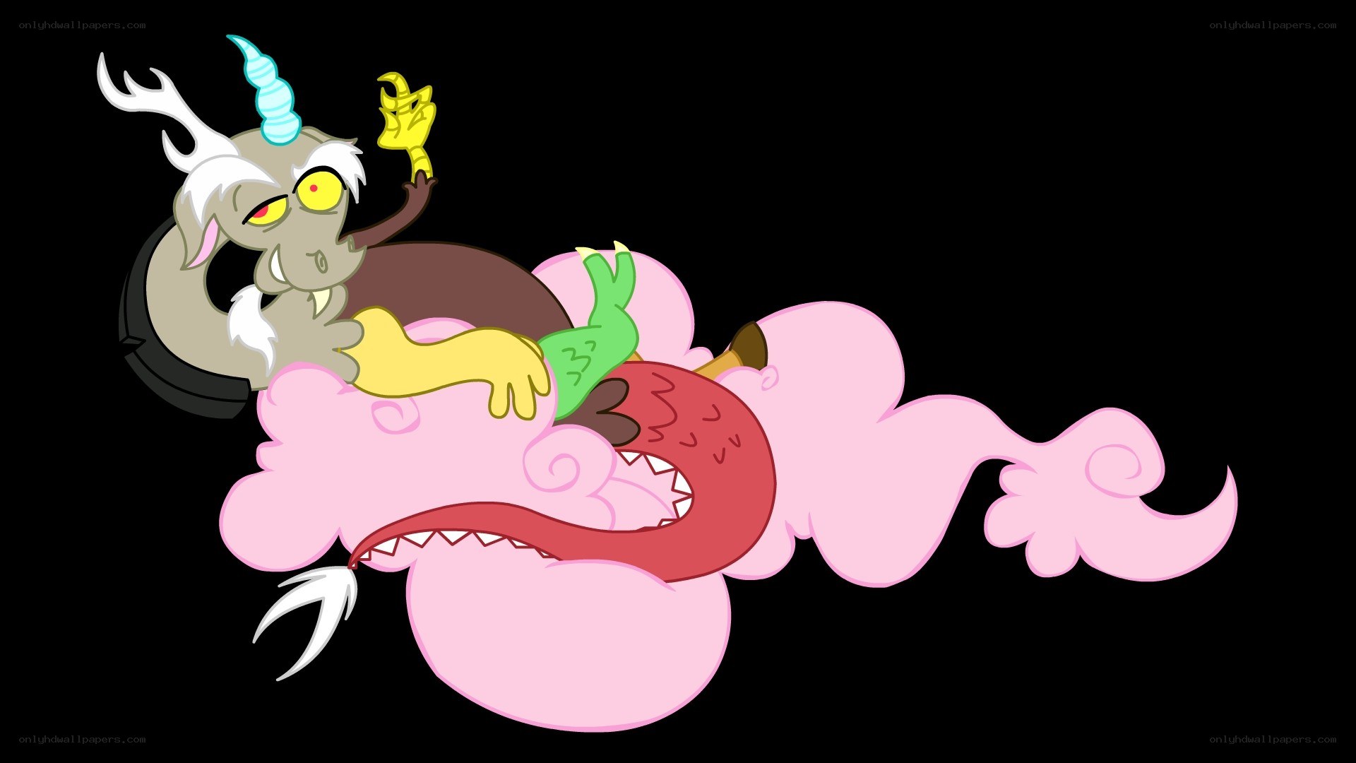 Discord and Fluttershy on cloud