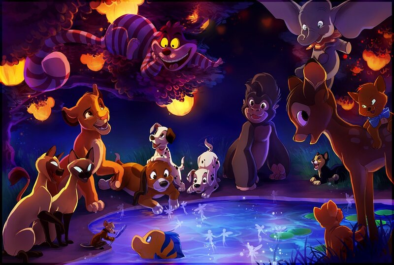 Disney characters at a pond