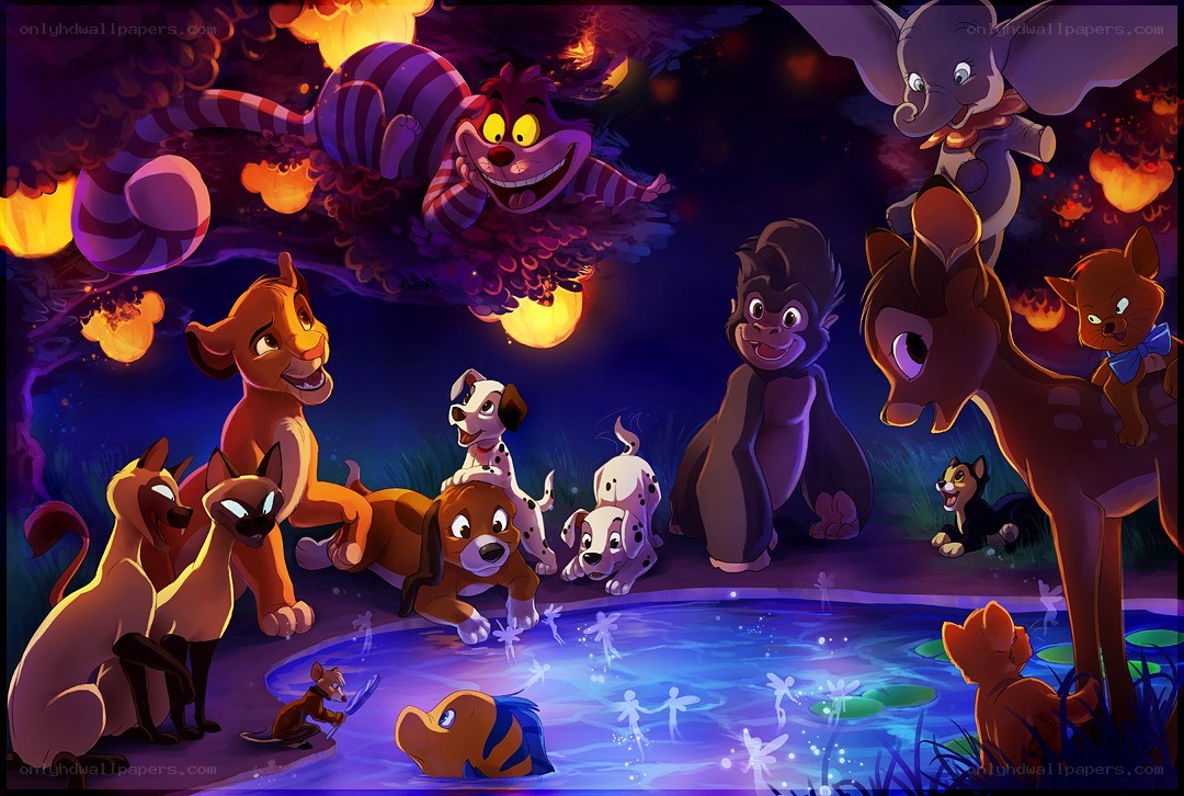 Disney characters at a pond