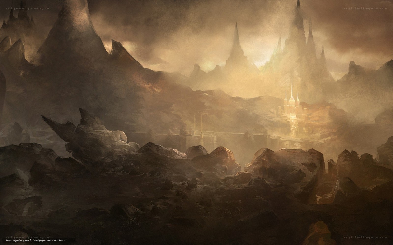distant castle in misty mountains