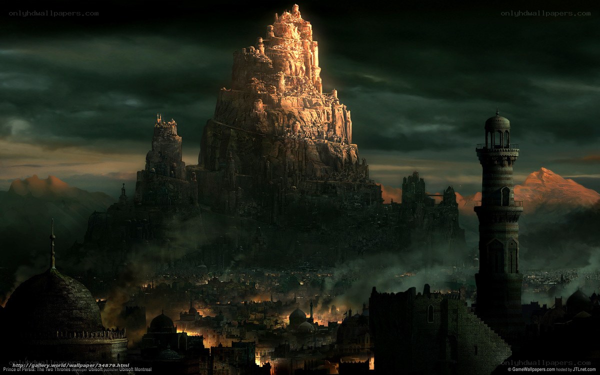 distant fortress under stormy sky