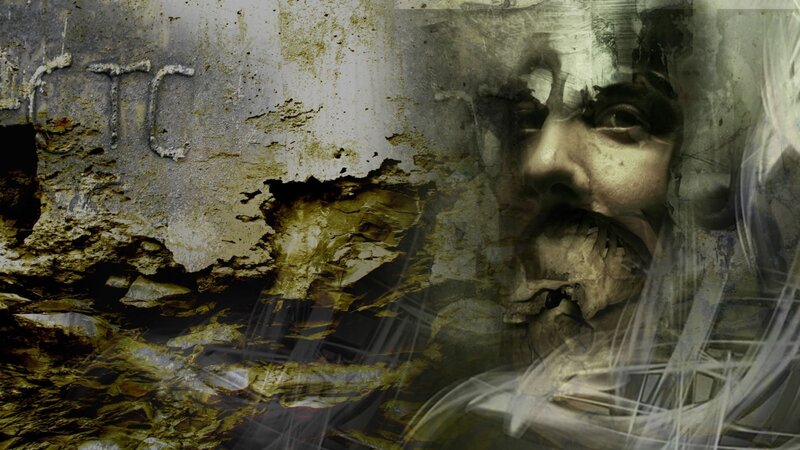 distorted face on decaying wall