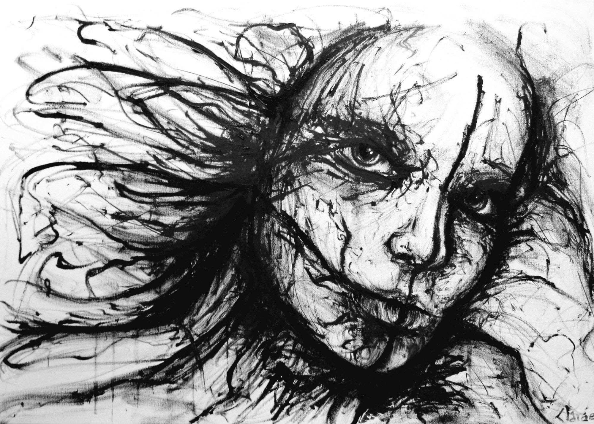 distorted face with flowing hair