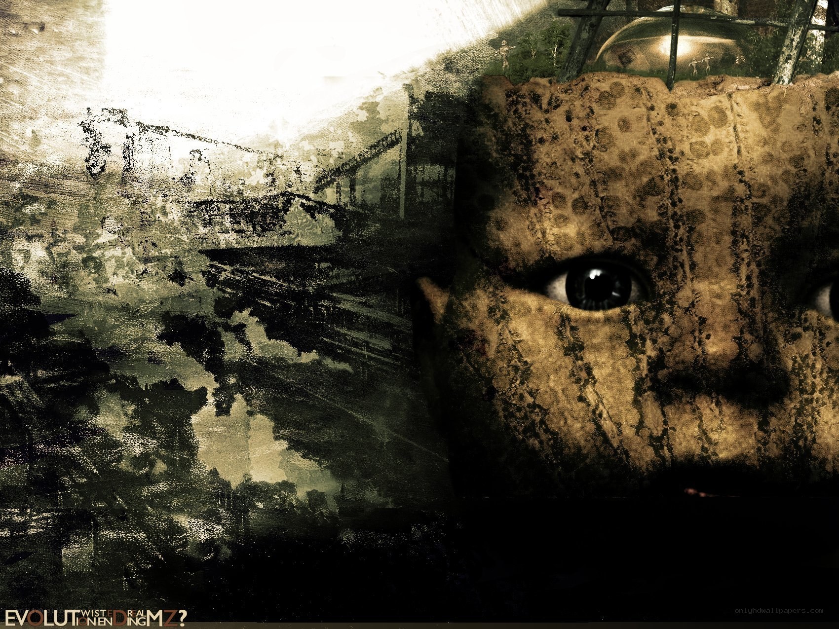 distorted face with industrial background