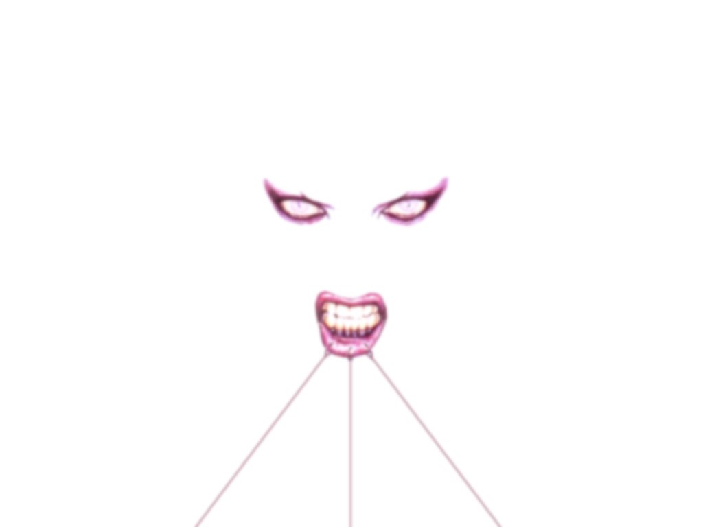 distorted face with pink eyes