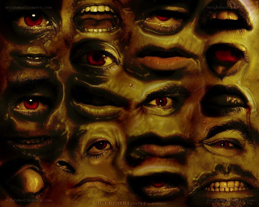 distorted faces with red eyes