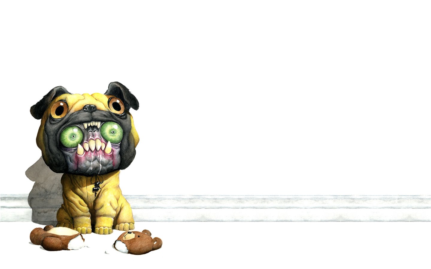 distorted pug with green eyes