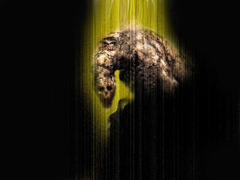 distorted skull under yellow light