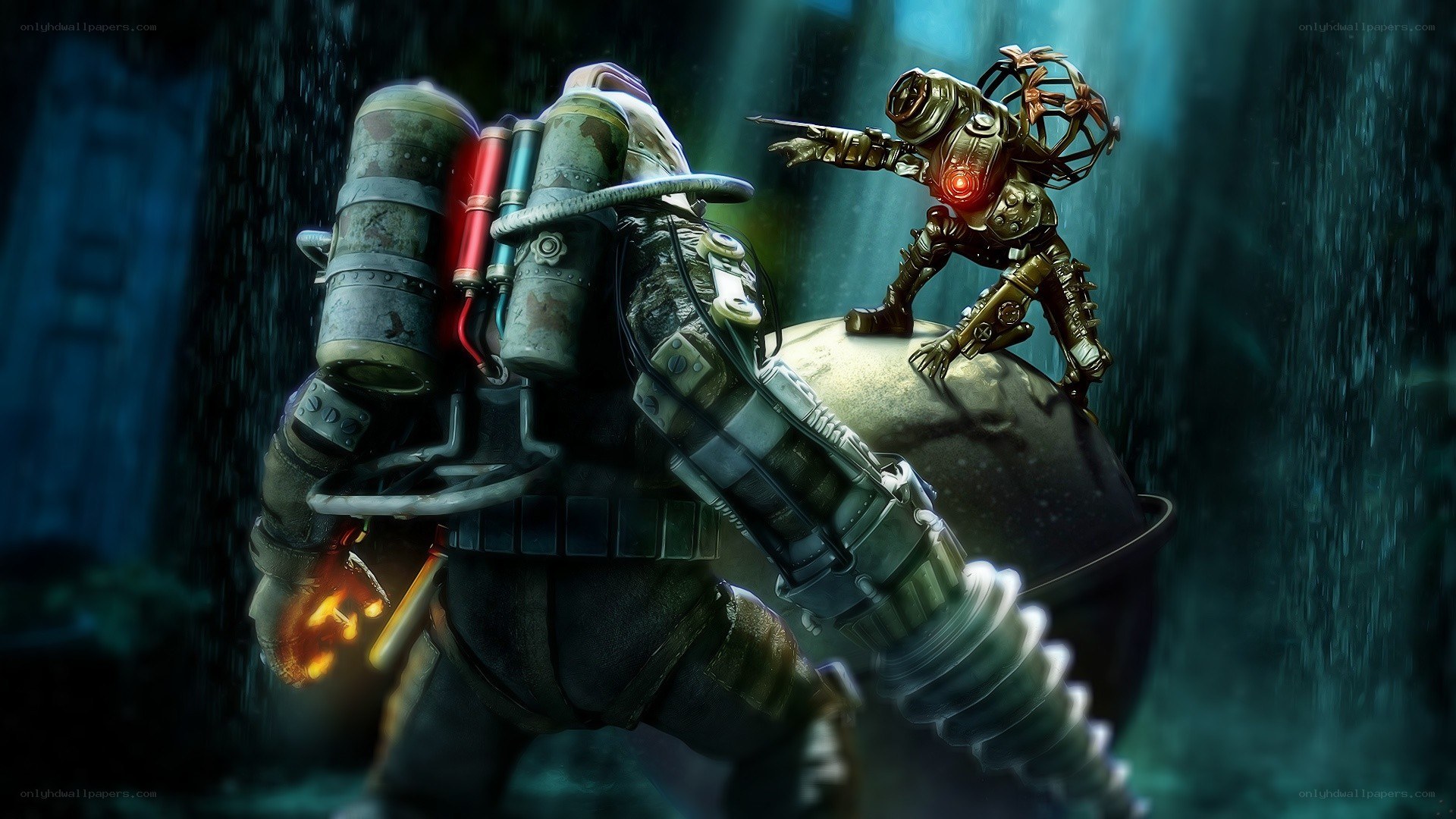 Diver and robot in underwater scene