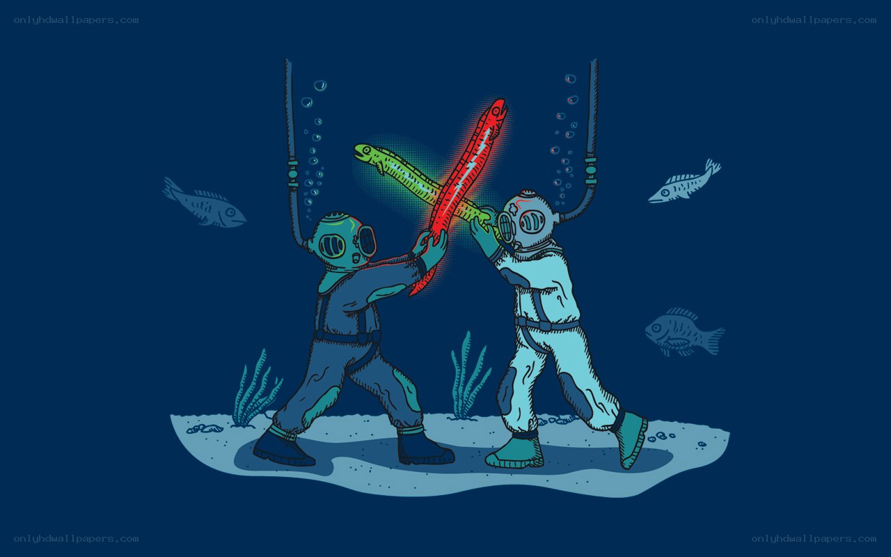 Diver duel with fish swords