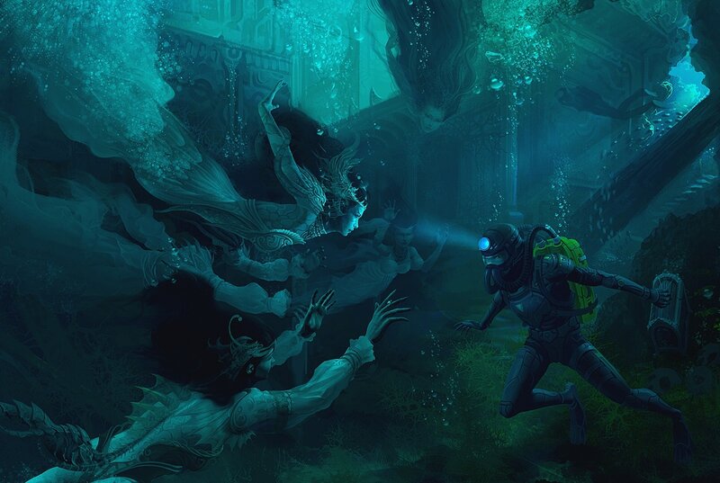 Diver Encountering Mermaids