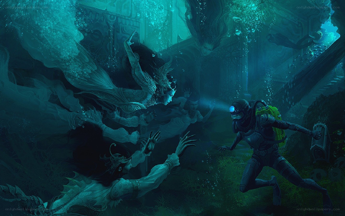 diver encounters underwater spirits