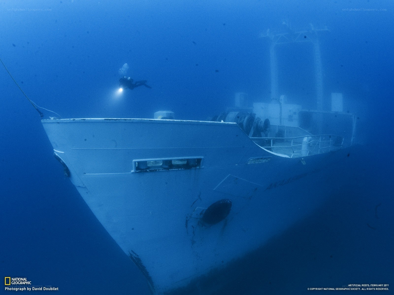 Diver explores sunken ship