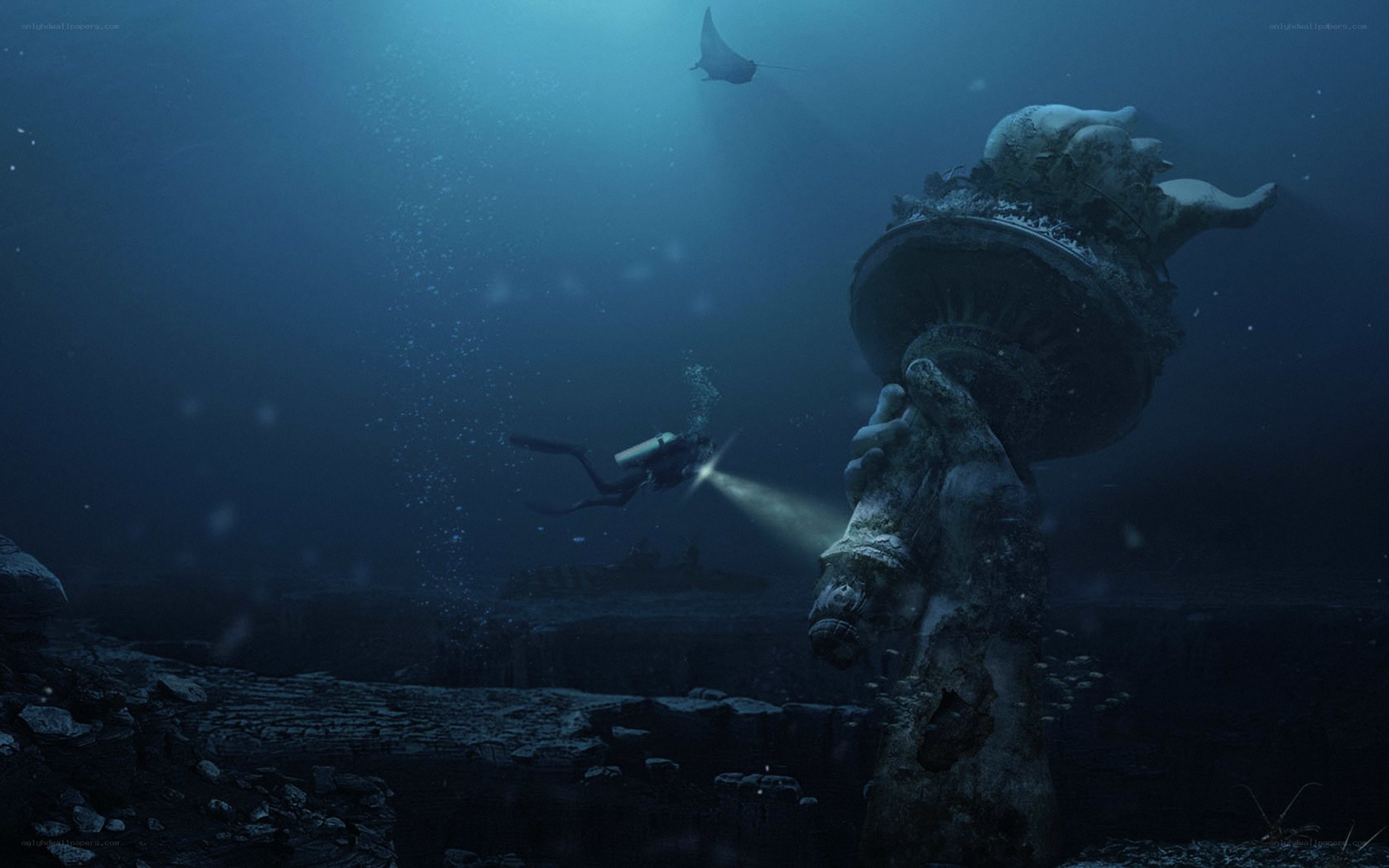 diver explores underwater ruins