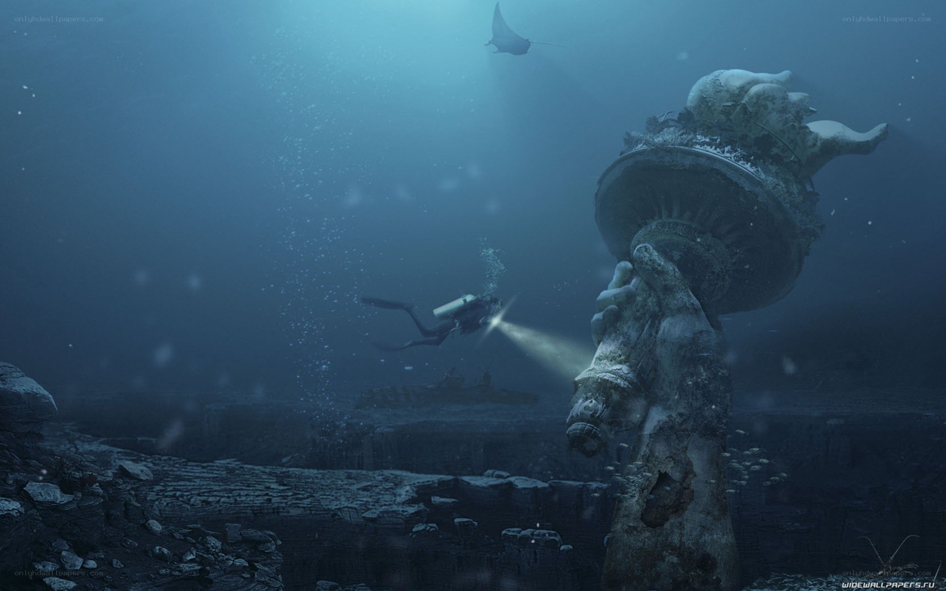 diver explores underwater ruins