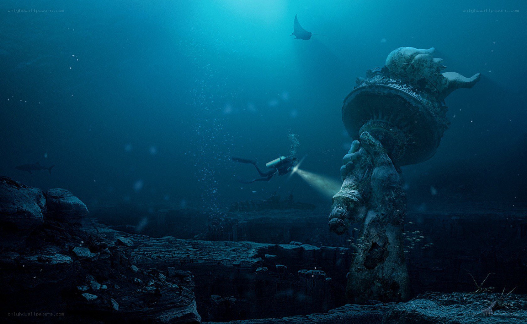 diver explores underwater ruins